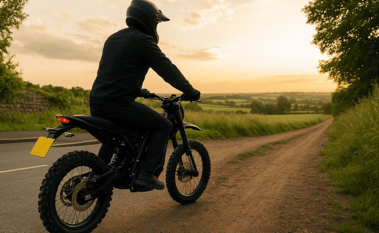 A biker riding into the sunset on a dirt path