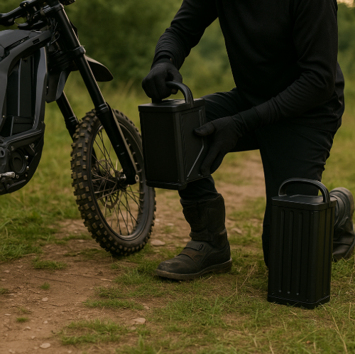 A rider kneeling trailsidе swaps the battery of an electric dirt bike for continuous riding. The scene shows rugged gear, the bike’s wheel, and spare batteries on the ground. 